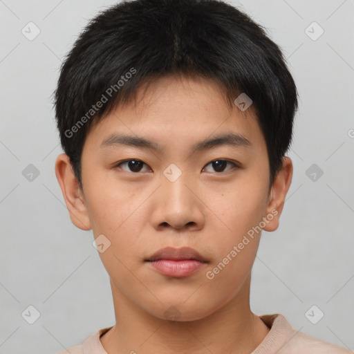 Neutral asian young-adult male with short  brown hair and brown eyes