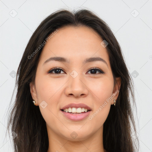 Joyful white young-adult female with long  brown hair and brown eyes