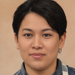 Joyful asian young-adult female with short  brown hair and brown eyes