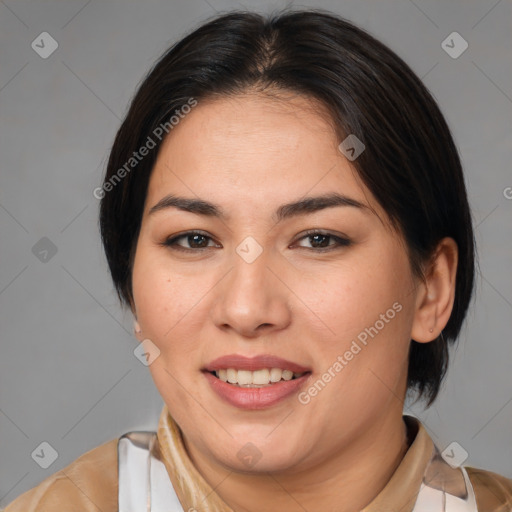 Joyful white young-adult female with medium  brown hair and brown eyes