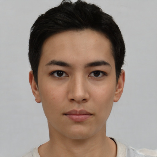 Neutral asian young-adult female with short  black hair and brown eyes