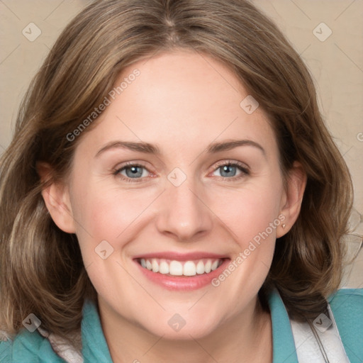 Joyful white young-adult female with medium  brown hair and blue eyes