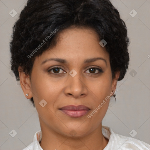 Joyful latino young-adult female with short  brown hair and brown eyes