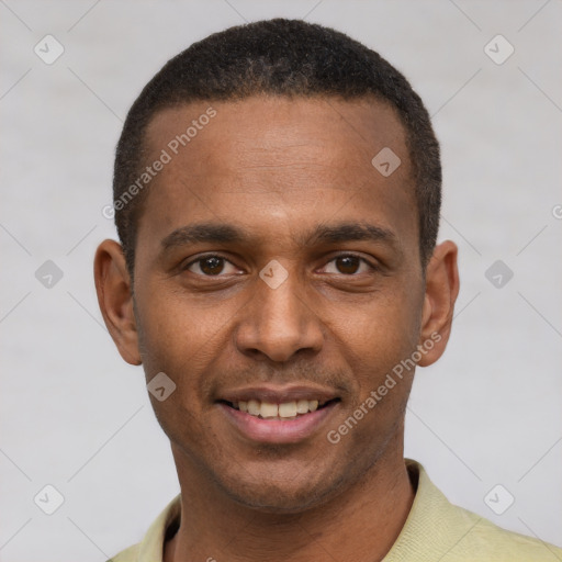 Joyful latino young-adult male with short  brown hair and brown eyes
