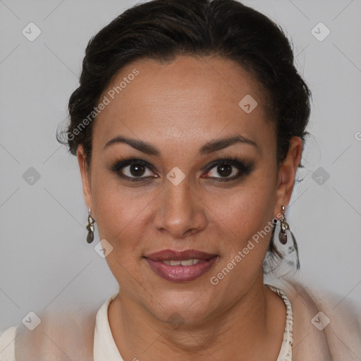 Joyful latino young-adult female with short  brown hair and brown eyes