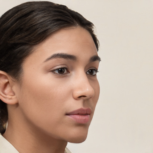 Neutral white young-adult female with medium  brown hair and brown eyes