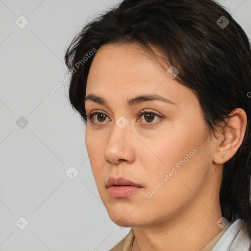 Neutral white young-adult female with medium  brown hair and brown eyes