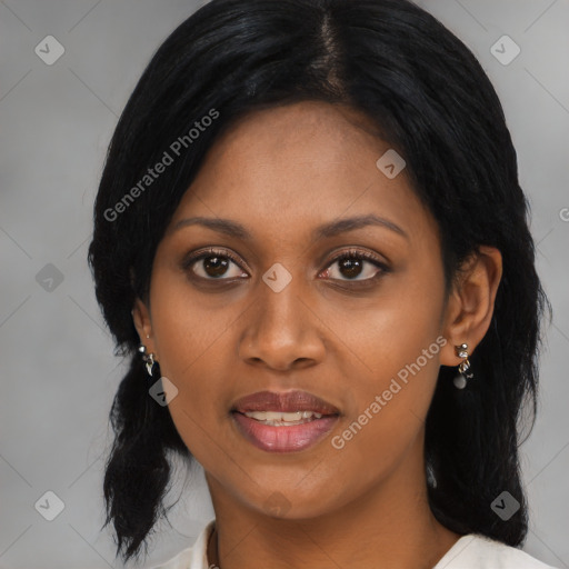 Joyful asian young-adult female with medium  black hair and brown eyes