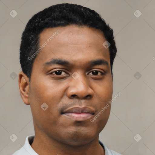 Neutral latino young-adult male with short  black hair and brown eyes