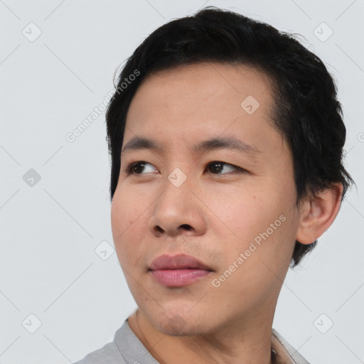 Neutral asian young-adult male with short  black hair and brown eyes