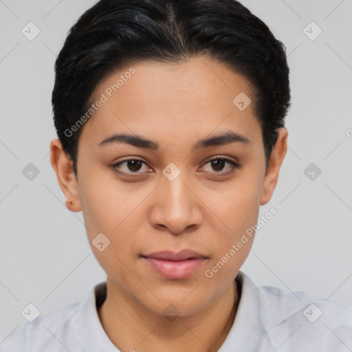 Joyful latino young-adult female with short  black hair and brown eyes