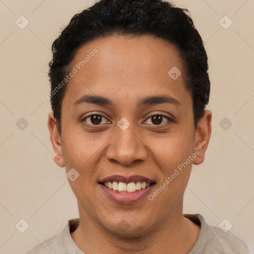 Joyful latino young-adult female with short  brown hair and brown eyes