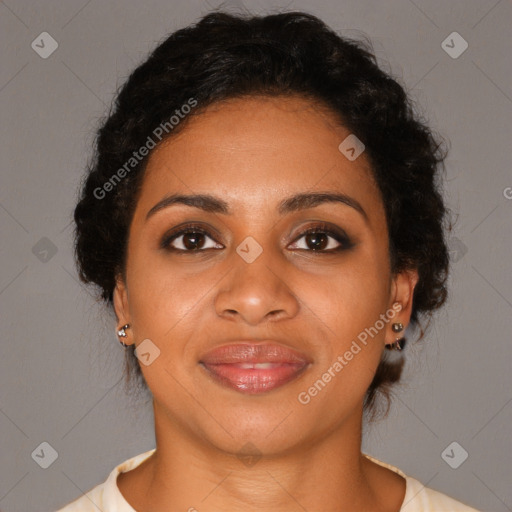 Joyful black young-adult female with medium  brown hair and brown eyes