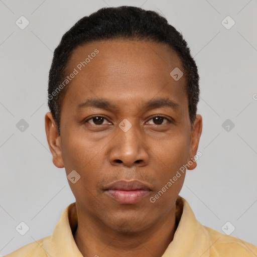 Neutral black young-adult male with short  black hair and brown eyes