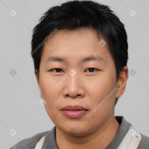 Neutral asian young-adult male with short  black hair and brown eyes