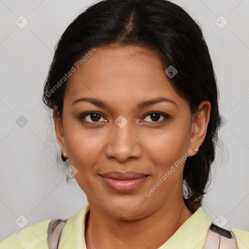 Joyful black young-adult female with medium  brown hair and brown eyes