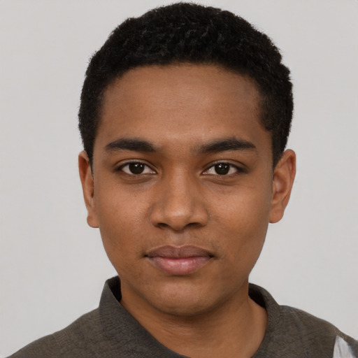Neutral black young-adult male with short  black hair and brown eyes