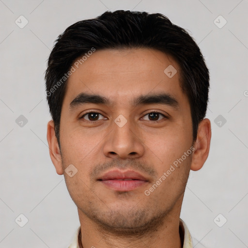 Neutral latino young-adult male with short  black hair and brown eyes