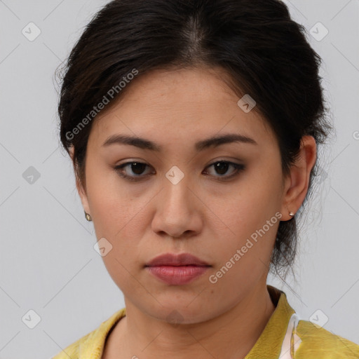 Neutral white young-adult female with short  brown hair and brown eyes