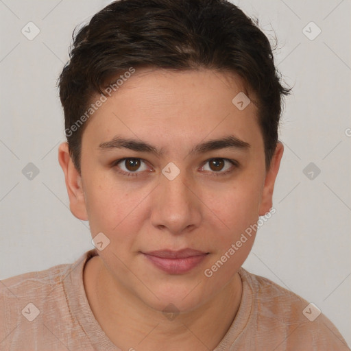 Joyful white young-adult female with short  brown hair and brown eyes