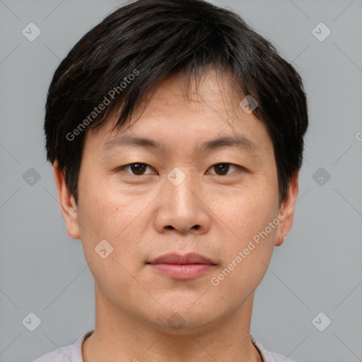 Joyful asian young-adult male with short  brown hair and brown eyes