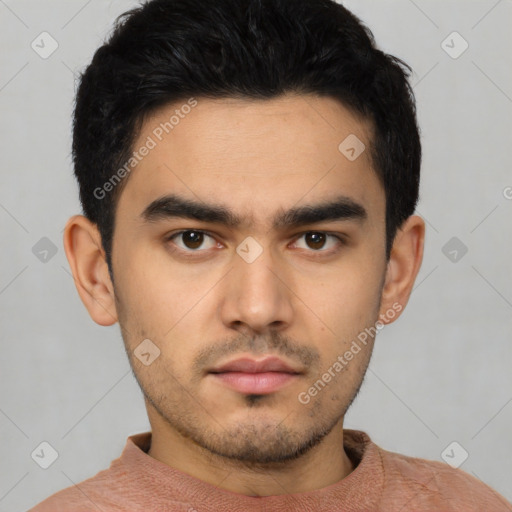 Neutral latino young-adult male with short  black hair and brown eyes