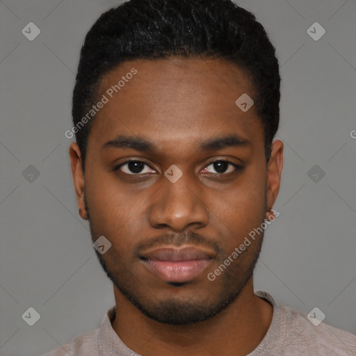 Neutral black young-adult male with short  black hair and brown eyes