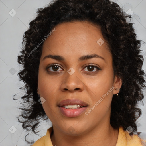 Joyful black young-adult female with medium  brown hair and brown eyes