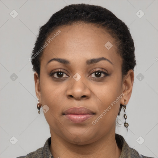 Neutral black young-adult female with short  black hair and brown eyes