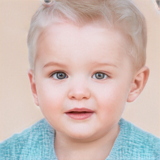 Joyful white child male with short  blond hair and blue eyes