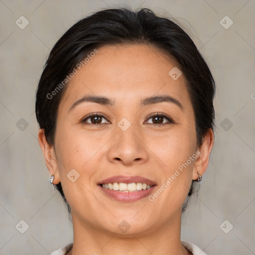 Joyful white young-adult female with medium  brown hair and brown eyes