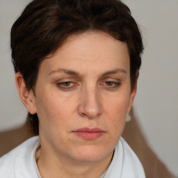 Neutral white adult female with short  brown hair and brown eyes