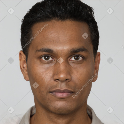Neutral black young-adult male with short  black hair and brown eyes