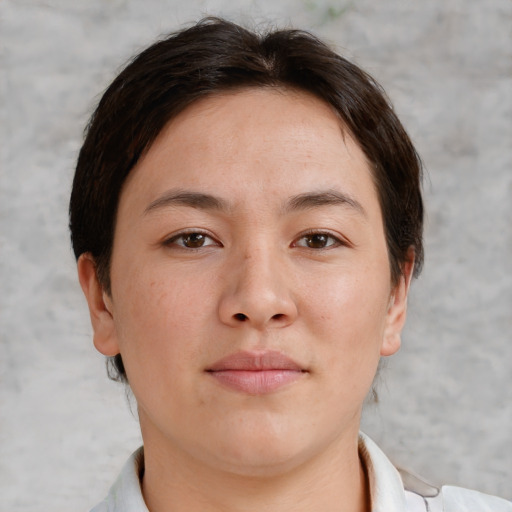 Neutral asian adult female with short  brown hair and brown eyes