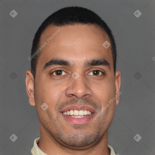 Joyful latino young-adult male with short  brown hair and brown eyes