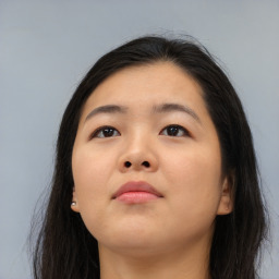 Neutral asian young-adult female with long  brown hair and brown eyes