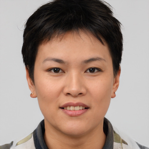 Joyful asian young-adult female with short  brown hair and brown eyes