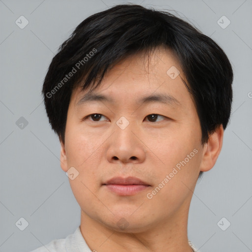 Neutral asian young-adult male with short  black hair and brown eyes