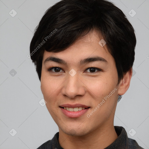 Joyful asian young-adult female with short  brown hair and brown eyes