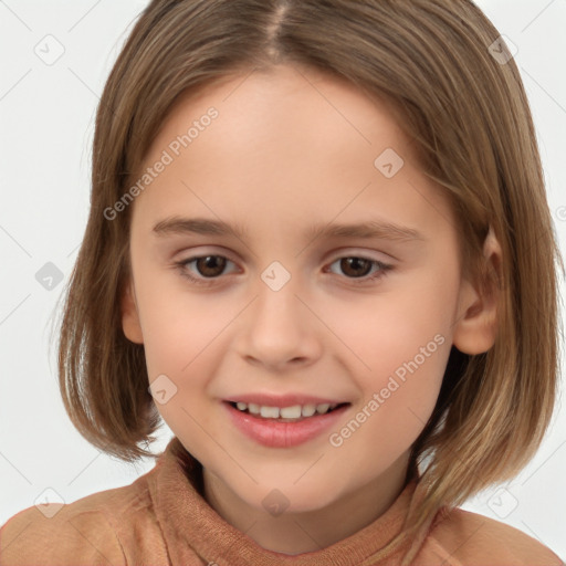 Joyful white child female with medium  brown hair and brown eyes