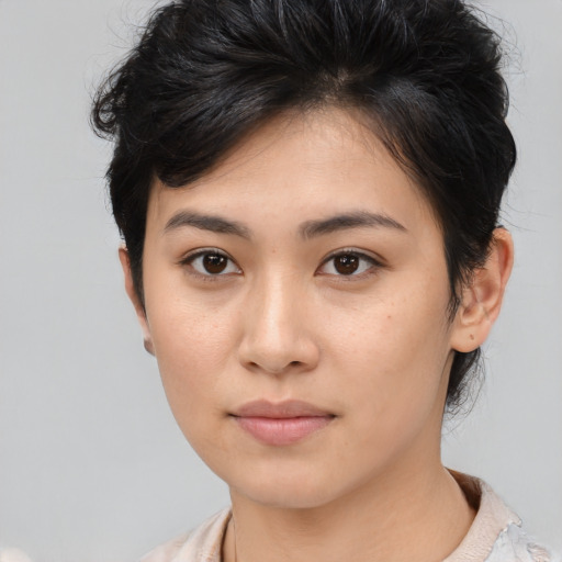Neutral asian young-adult female with medium  brown hair and brown eyes