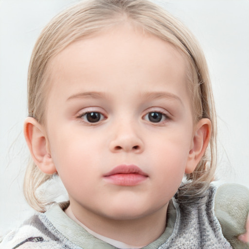 Neutral white child female with medium  brown hair and blue eyes