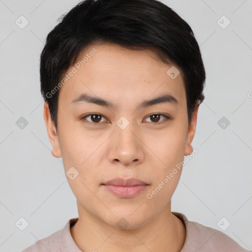 Neutral asian young-adult female with short  black hair and brown eyes