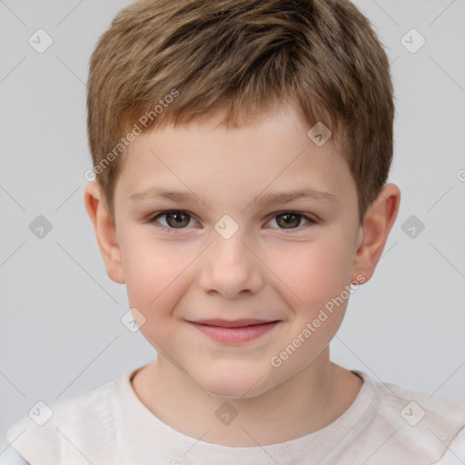 Joyful white child male with short  brown hair and brown eyes