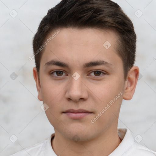 Neutral white young-adult male with short  brown hair and brown eyes