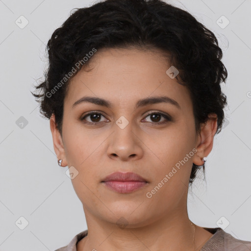 Neutral latino young-adult female with short  brown hair and brown eyes