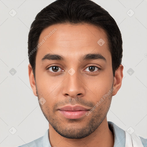 Neutral white young-adult male with short  black hair and brown eyes