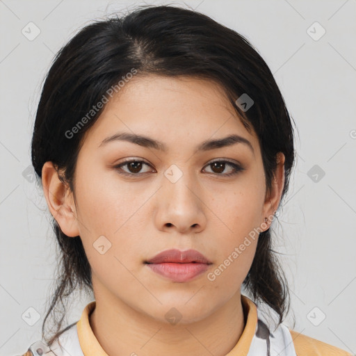 Neutral asian young-adult female with medium  black hair and brown eyes