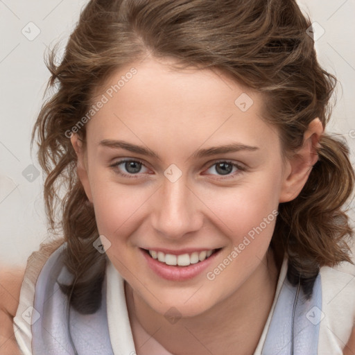 Joyful white child female with medium  brown hair and brown eyes