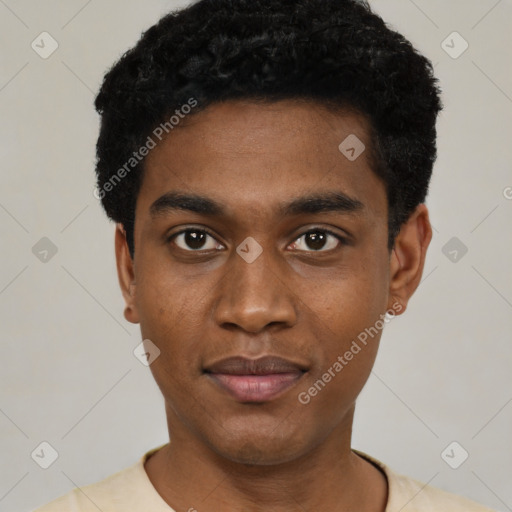 Neutral black young-adult male with short  black hair and brown eyes